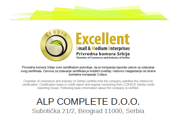 Excellent Sertifikat Alp Complete doo