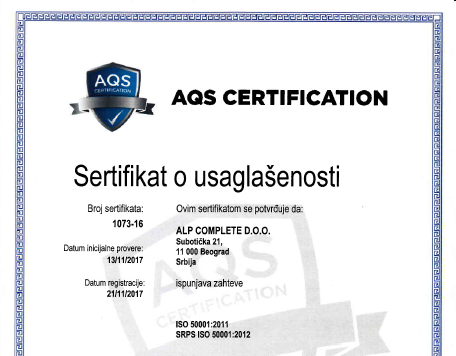 ISO Sertifikat - ISO 5001 - Alp Complete doo