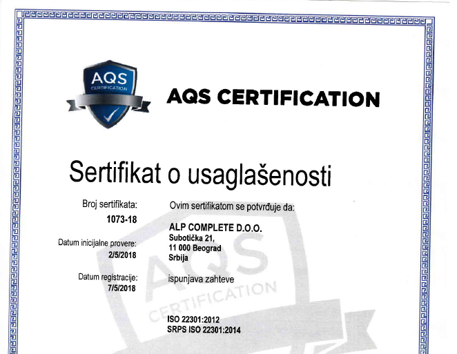 ISO Sertifikat - ISO 22301 - Alp Complete doo