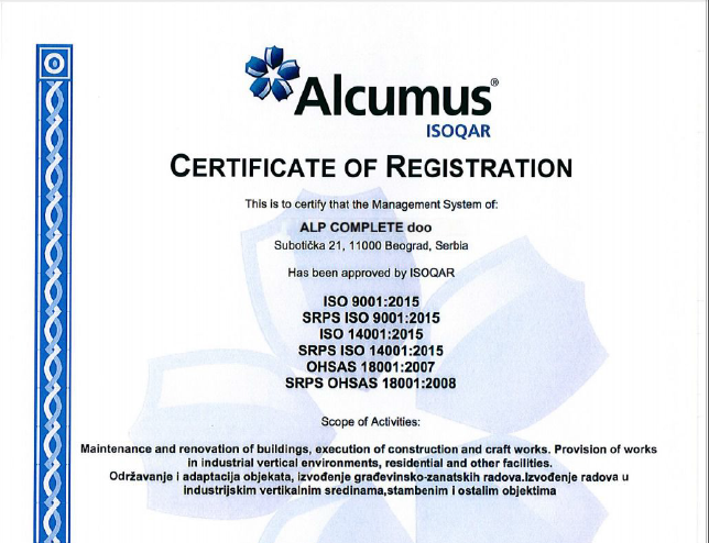 ISO 9001 - ISO 14001 - ISO 18001 - Alp Complete doo