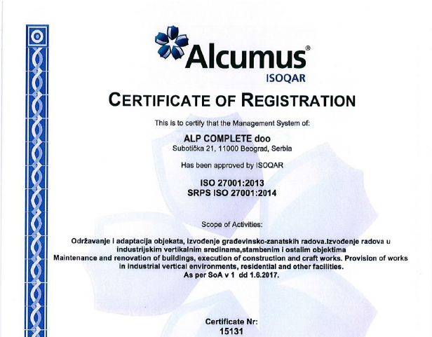 ISO Sertifikat - ISO 27001 - Alp Complete doo